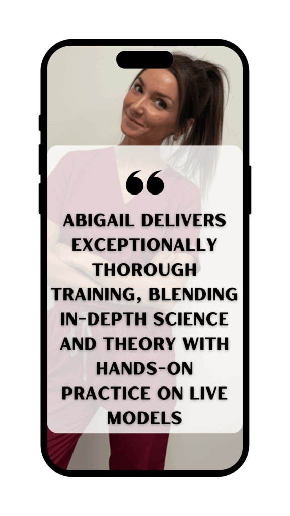 An outstanding 5-star training experience! Abigail delivers exceptionally thorough training, blending in-depth science and theory with hands-on practice on live models. The sessions take place in a calm, professional, and clinical environment, which makes learning both enjoyable and confidence-boosting. I left the course feeling fully competent and ready to offer facials to my own clients straight away. I couldn’t recommend it more highly.