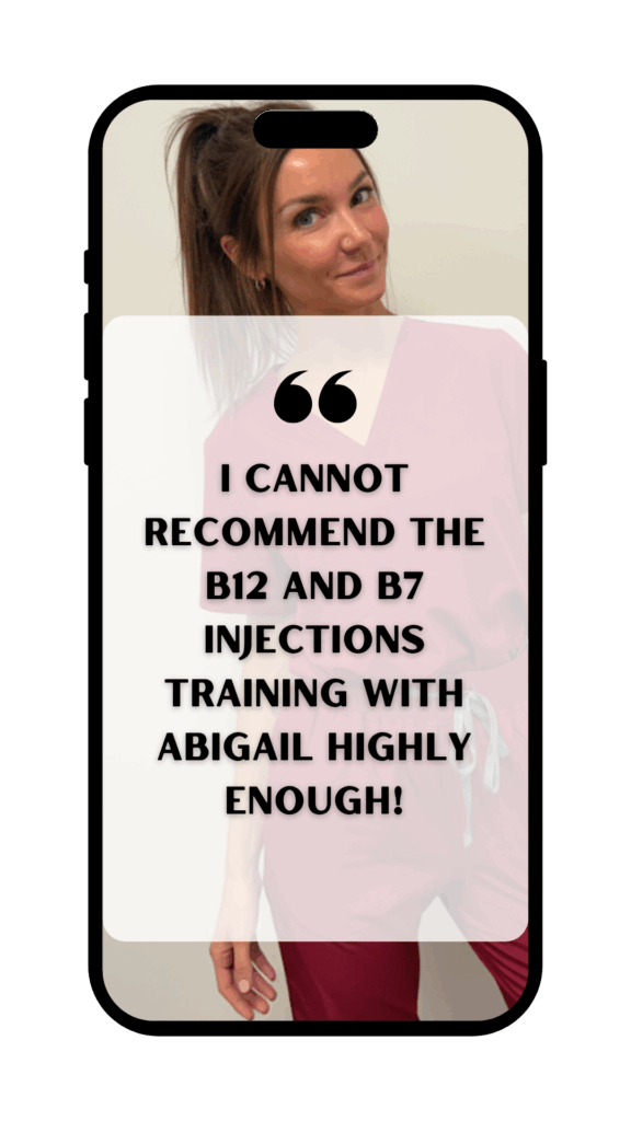 I cannot recommend the B12 and B7 injections training with Abi highly enough! The course was incredibly thorough, combining expert guidance with extensive hands on practice to ensure I gained both skill and confidence. Abi’s supportive and approachable teaching style made the learning process feel effortless. I felt completely confident in drawing up, handling the equipment, and safely administering injections. Whether you’re new to injecting or looking to boost your confidence, this course is an absolute must for anyone wanting to practice with competence and assurance.